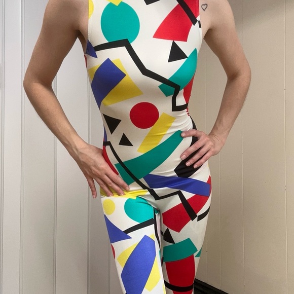 Vintage 90s Stretchy Bright Quirky Graphic Geometric Multicolor Jumpsuit - Picture 5 of 12